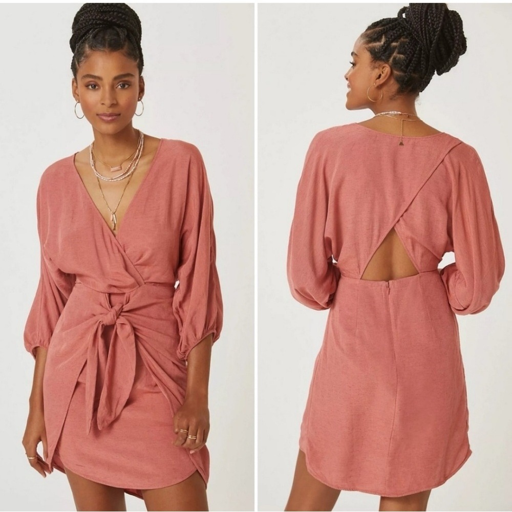 Anthropologie Dress Women 14 Petite Pink‎ Linen Blend Wrap Tie Front Mini Draped